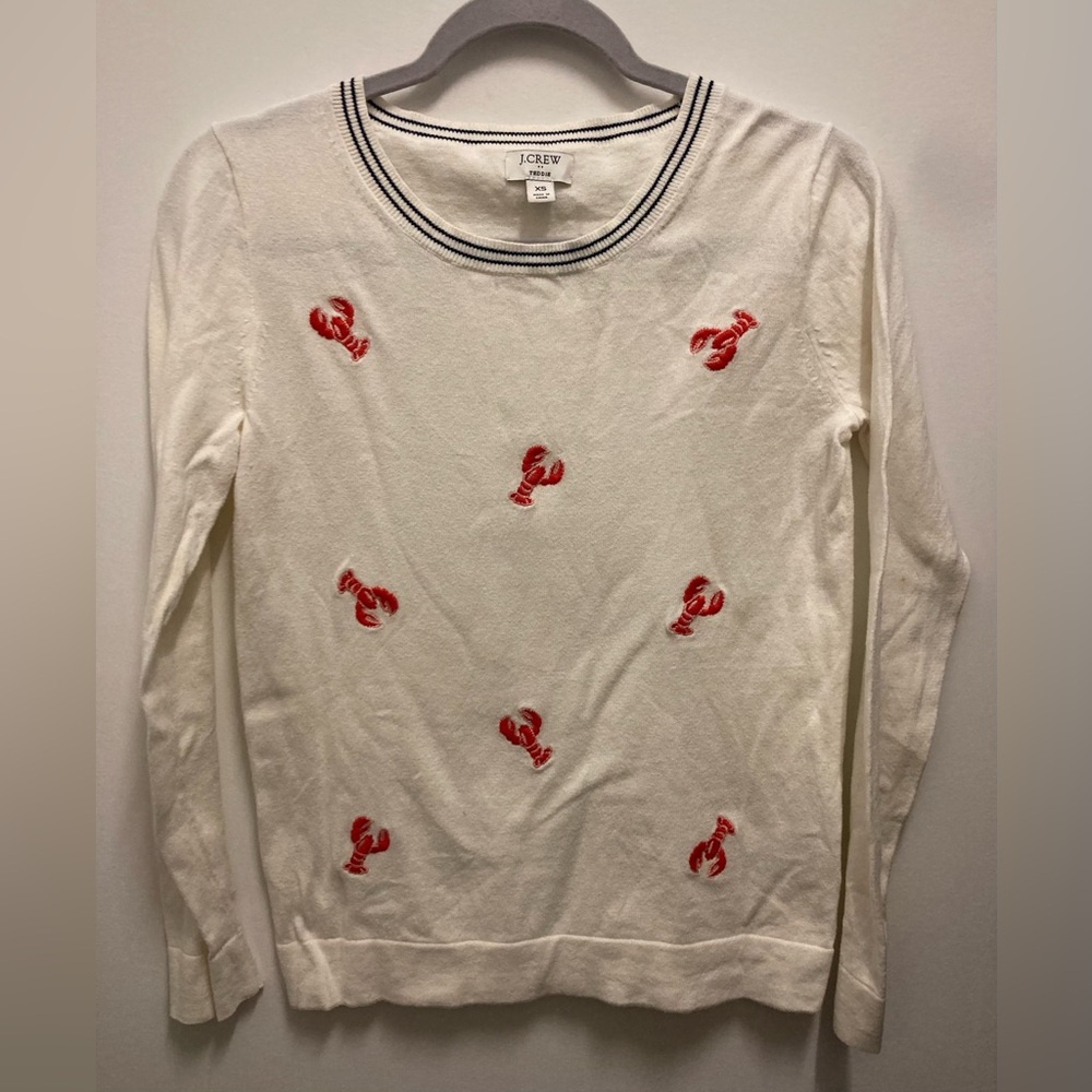 J.Crew Women’s Cotton White Teddie Sweater with Embroidered Lobsters